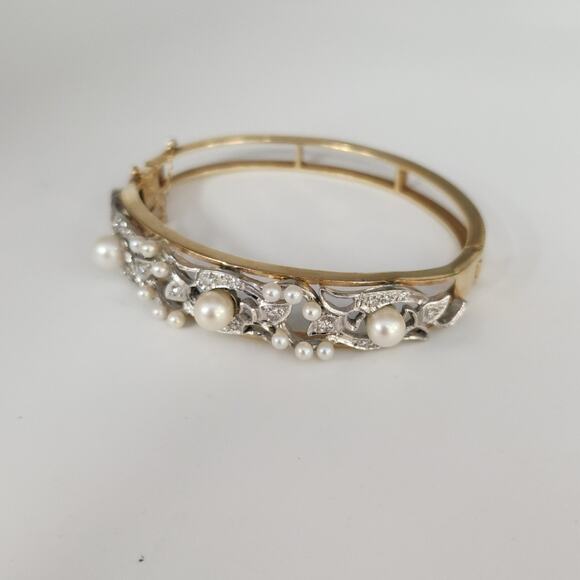 Vintage 14k Two Tone Gold Diamond Pearls Bangle Bracelet - Picture 3 of 14